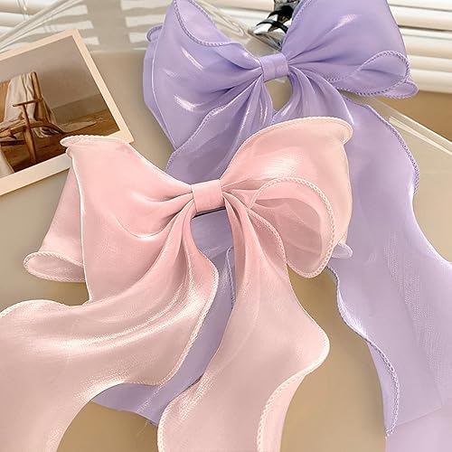 Miniatura 5 de papasgix Pinzas para el pelo para mujer, cintas para el cabello, pinzas para el cabello grandes, color sólido, cinta larga de seda, lazo para el