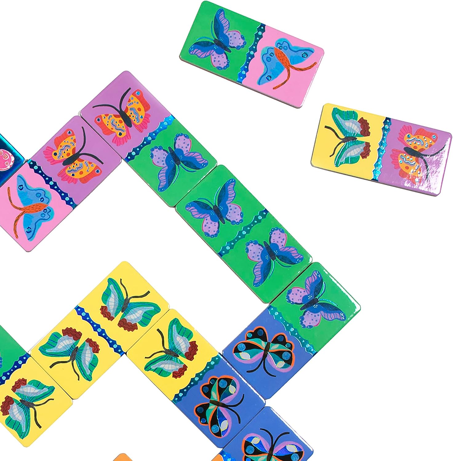eeBoo Giant Shiny Butterfly Dominoes - 28 Oversized Tiles, Colorful Holographic Foil, Tile Laying Matching Game, Screen-Free Fun, Kids Ages 3 and up