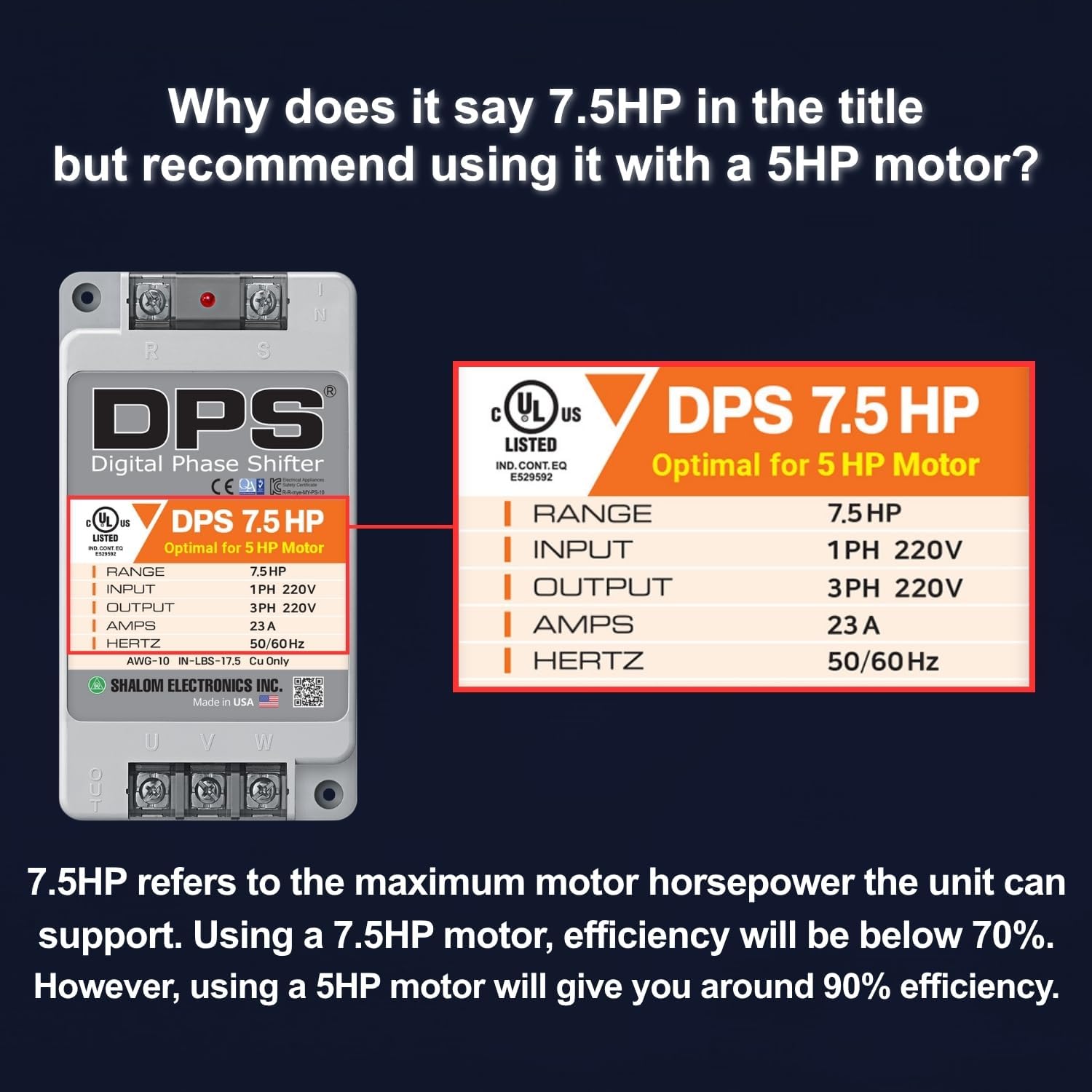 American DPS Single Phase to 3 Phase Converter, 7.5HP, 23A, Input/Output 200V - 240V, Digital Phase Shifter, Must Be Used for 5HP(3.7kW) 15A Motor, DPS Must Be Used for 1 Motor Only, UL-Listed