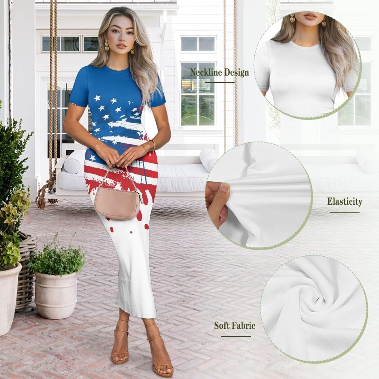 Womens Short Sleeve Jamaican Flag Midi Bodycon Dress Casual Crewn Neck Pencil Long Dress Plus Size - Image 6