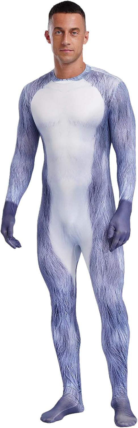 Sywiyi Men's Animal 3D Print Zentai Bodysuit for Halloween Cosplay Party Costume Full-body Jumpsuit with Tail