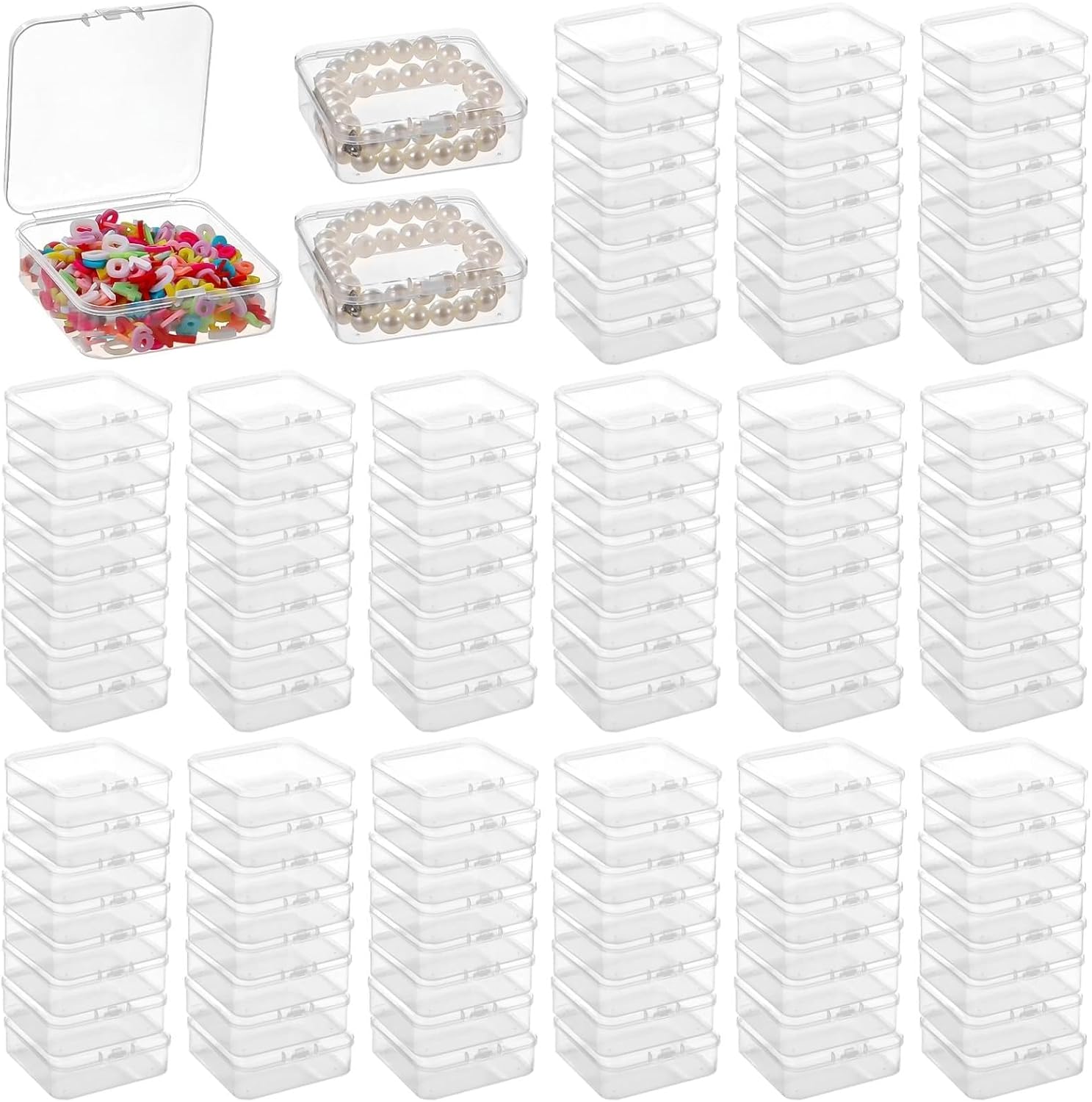 Joyibay 120 PCS Clear Plastic Bead Storage Containers, 3×3×1 in Small Square Organizer Boxes with Hinged Lids, Mini Storage Cases for Jewelry, Crafts, Parts, Small Household Items