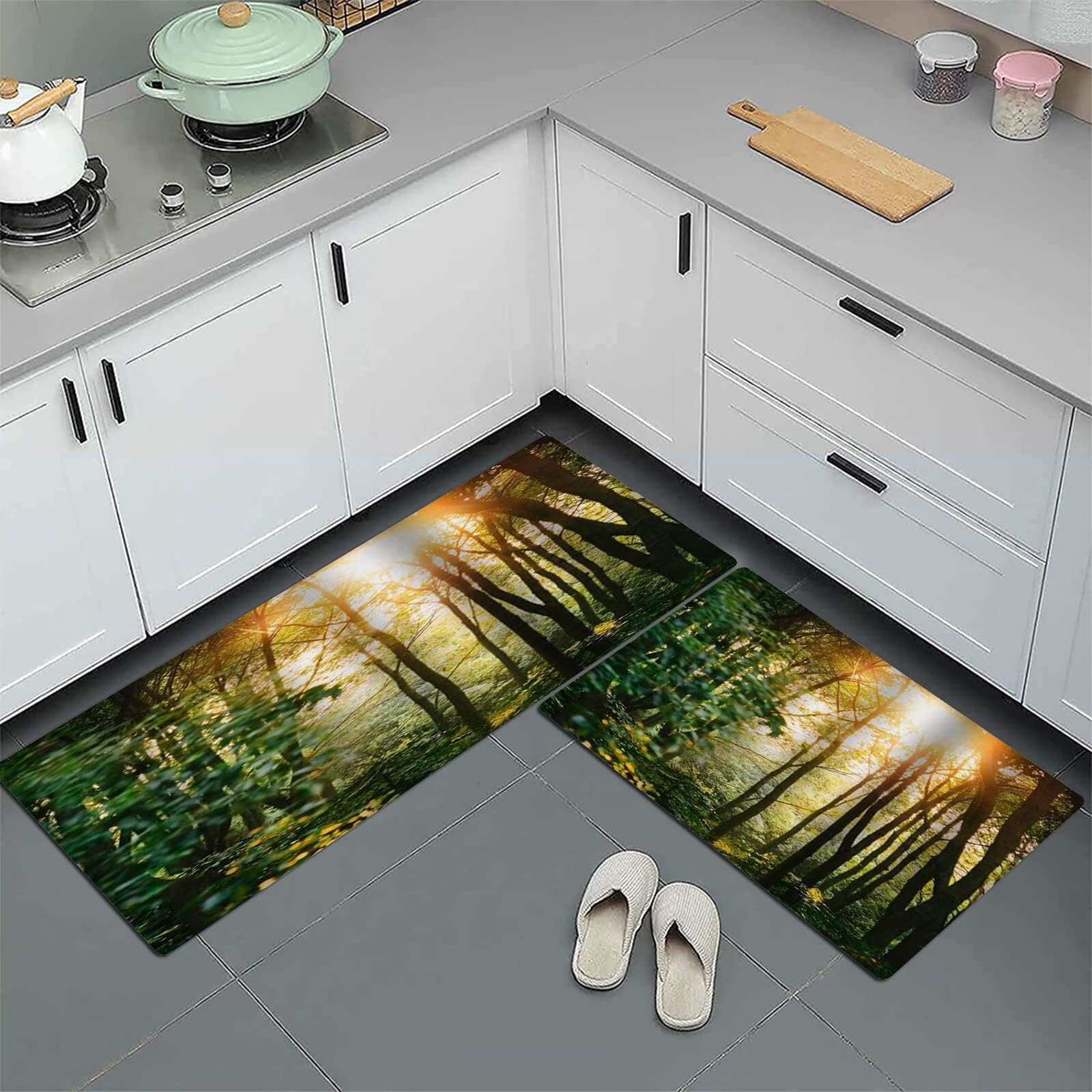 Kitchen Mats 2-Pack,Green Forest Tropical Hylaea Natural Scenery with Beautiful ,Kitchen Rugs Set Absorbent Non-slip and Machine Washable Runner Rugs for Kitchen, Bedroom, Hallway (45x70 cm+45x120 cm)