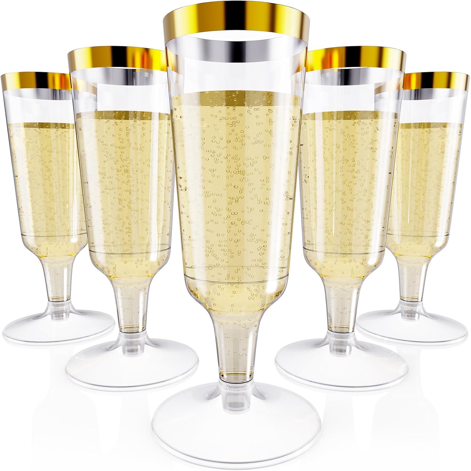JOLLY CHEF 50 Pack Champagne Flutes Plastic Disposable 5 oz Gold Rim Plastic Champagne Flutes Glasses for Wedding, Thanksgiving Day, Christmas