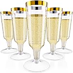 JOLLY CHEF 50 Pack Plastic Champagne Flutes Disposable 5 oz Gold Rim Plastic Champagne Glasses for Wedding, Thanksgiving Day, Christmas
