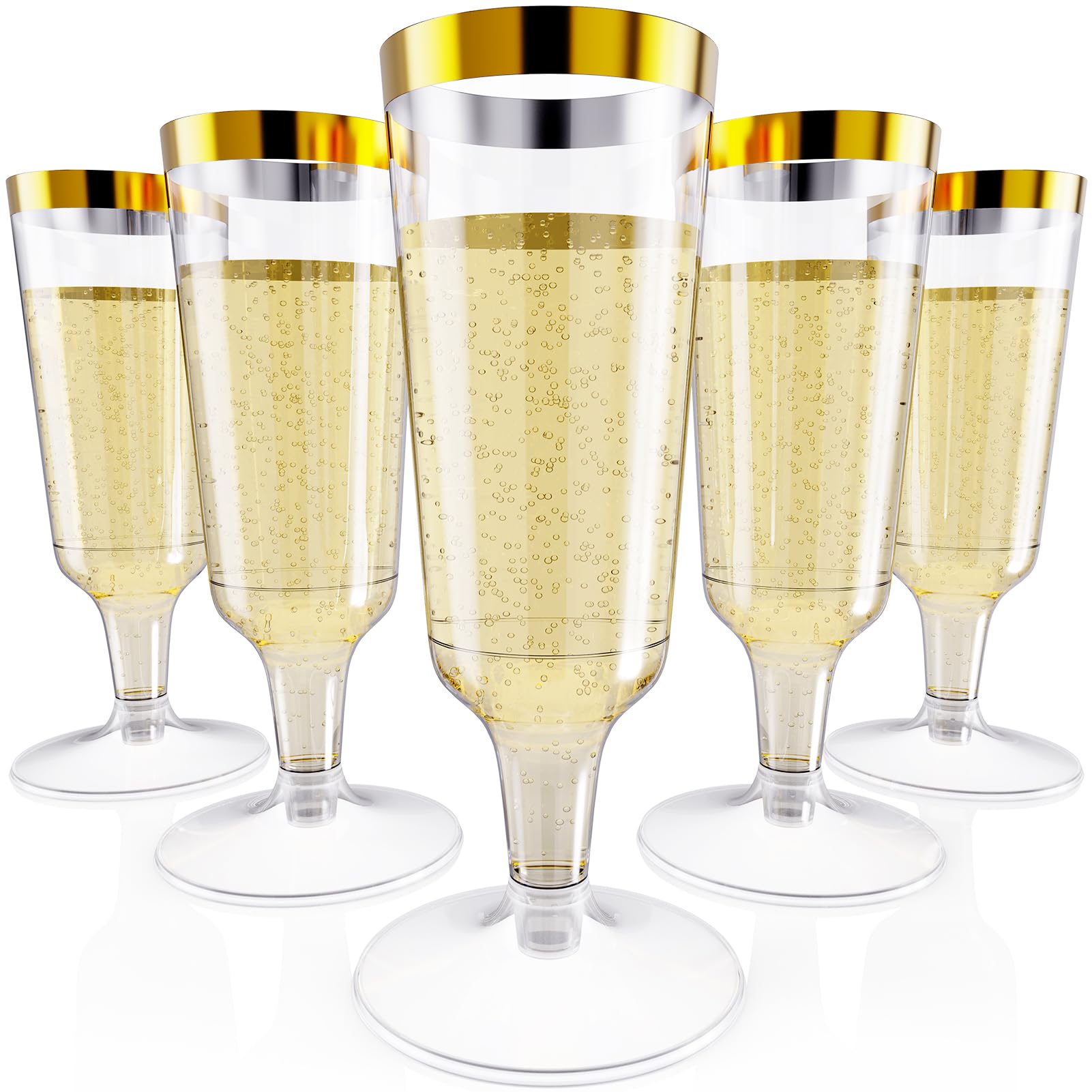 JOLLY CHEF Copas de champán de plástico, borde dorado desechables, 5 onzas, paquete de 50 | Copas de champán de plástico con borde dorado para bodas, día de Acción de Gracias, Navidad, copas desechables