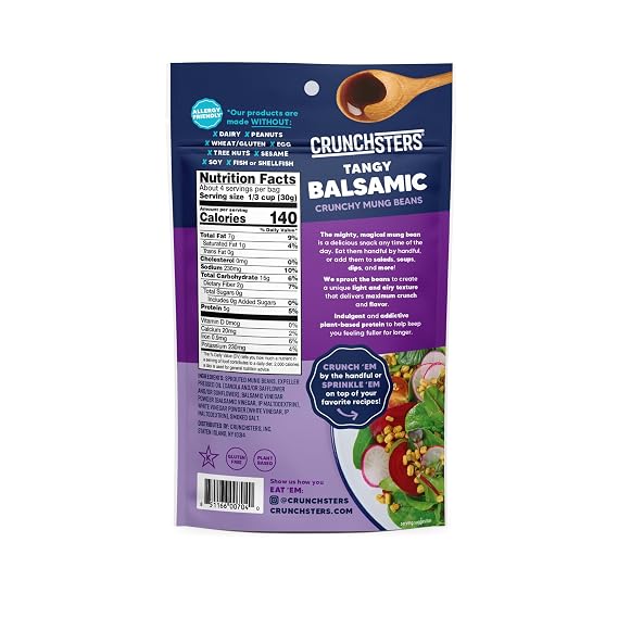 Crunchsters Crunchy Sprouted Mung Beans, Plant-Based Protein Super-Snack and Salad Topper, Gluten-Free, Nut-Free, Vegan, 6g Protein per Serving, 4oz. Bags (4 Ounce (Pack of 1), Tangy Balsamic)