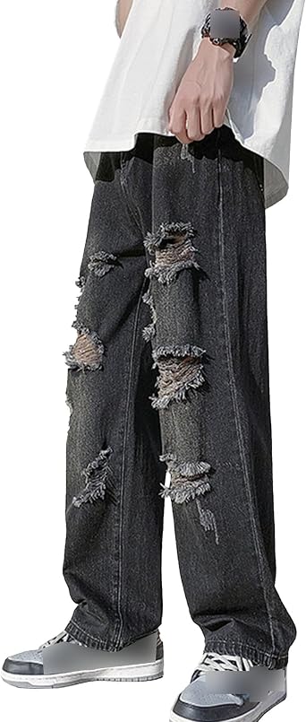 Mens Ripped Distressed Loose Jeans Stylish Broken Holes Baggy Wide Legs Denim Pants Trendy Straight Trousers