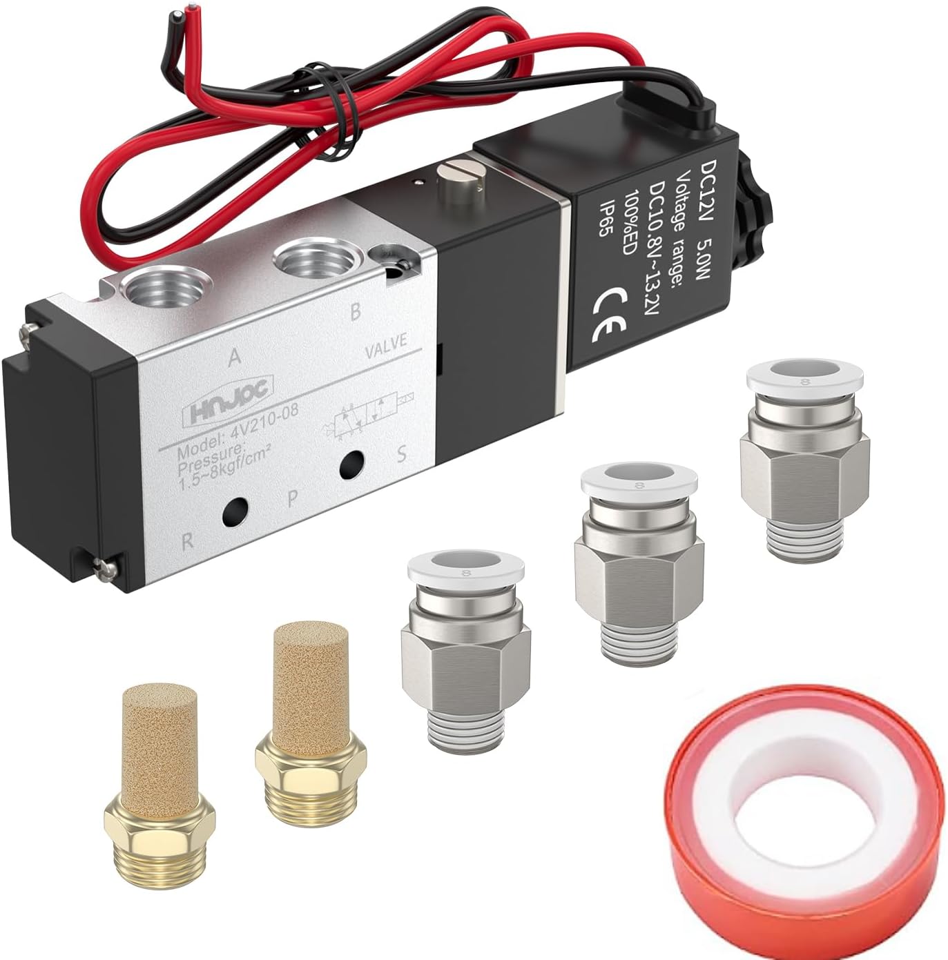 4V210-08 5/2 Way Pneumatic Solenoid Valve, 12V DC Single Solenoid Pilot Operated, Electric Air Control Valve for Air Cylinders, Automation (4V210-08 DC12V)