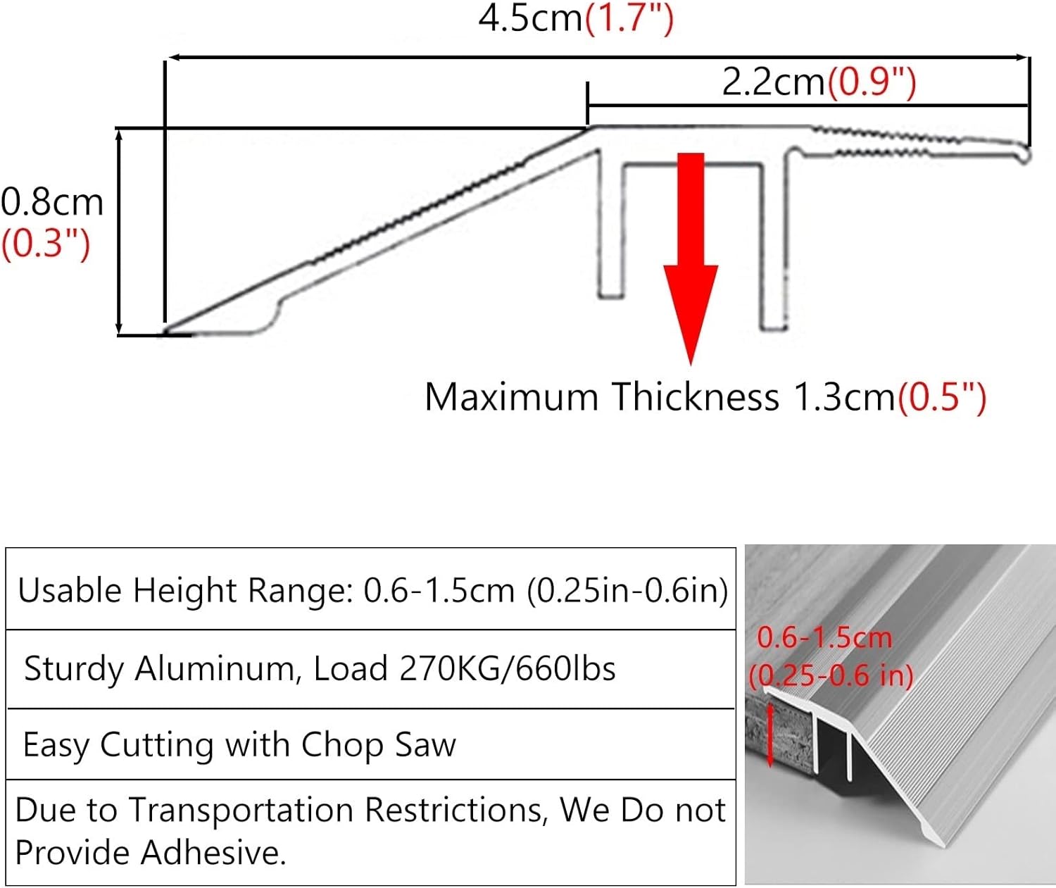 Transition Strip for Floor, Wood and Tile, Extra Long Flute for Irregular Floor 0.25 to 0.6 Inch Height, Heavy Duty Door Sills, Chair Ramp, Grey L 90 cm/35.4 inch (Gold Length 100cm/40 inch)