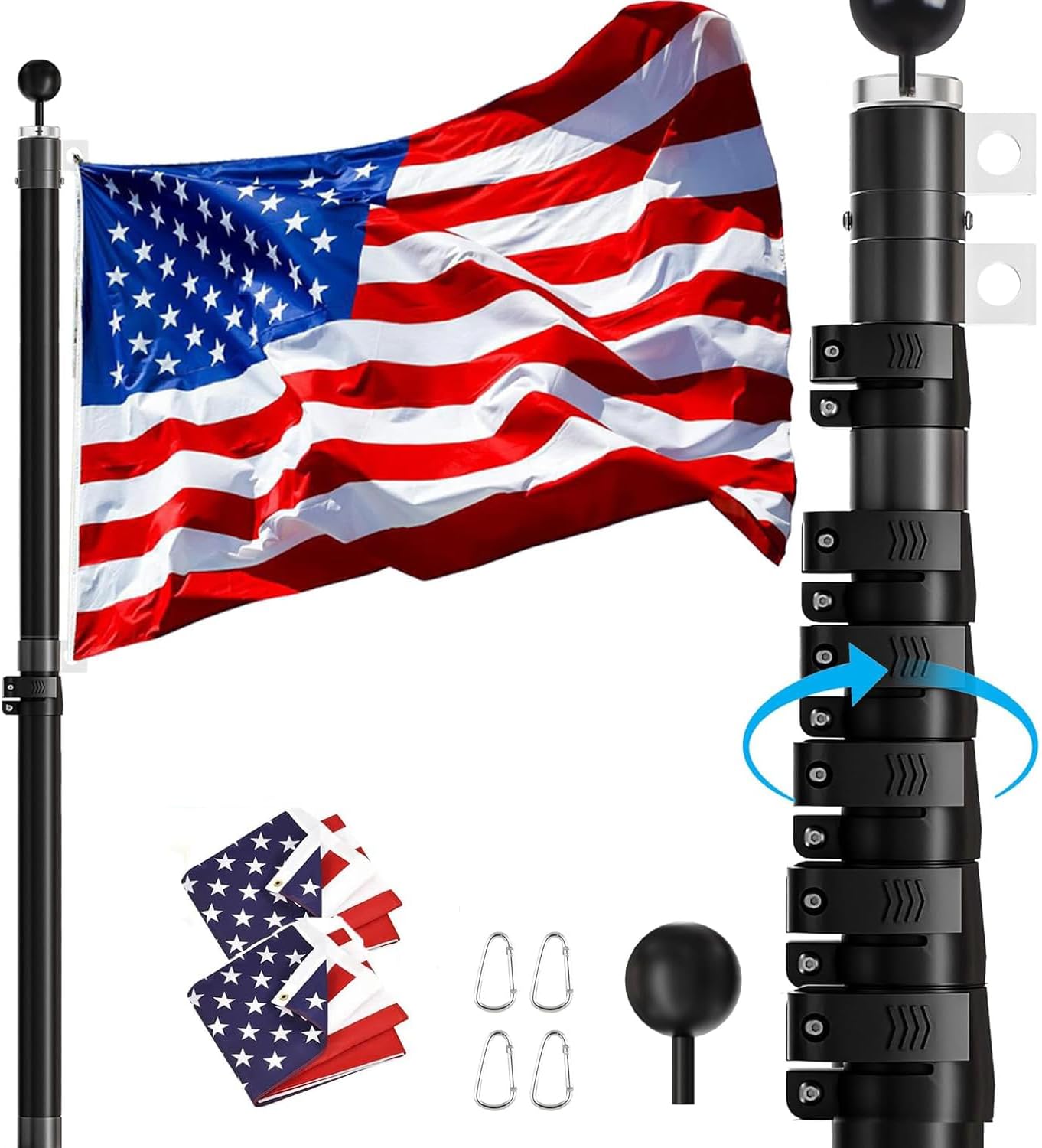 25FT Telescopic Flag Pole Kit, 16 Gauge Heavy Duty Aluminum Telescoping Flagpole Kit, Outside House In Ground Flagpoles with 3x5 USA 2 Fly Flags & Black Ball Top for Residential, Black
