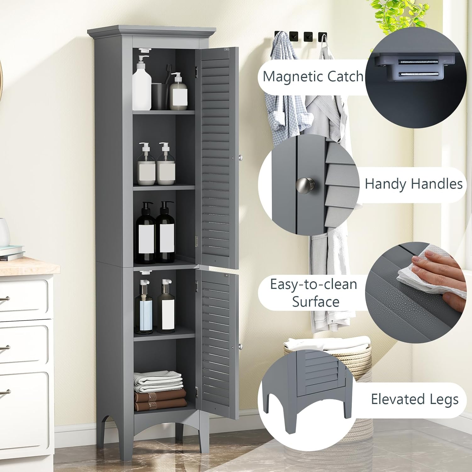 Giantex 63” Tall Bathroom Cabinet, Narrow Floor Cabinet w/ 2 Louvered Doors & Adjustable Shelf, Elevated Legs & Anti-toppling Design, Freestanding Storage Organizer for Bathroom, Living Room, Kitchen