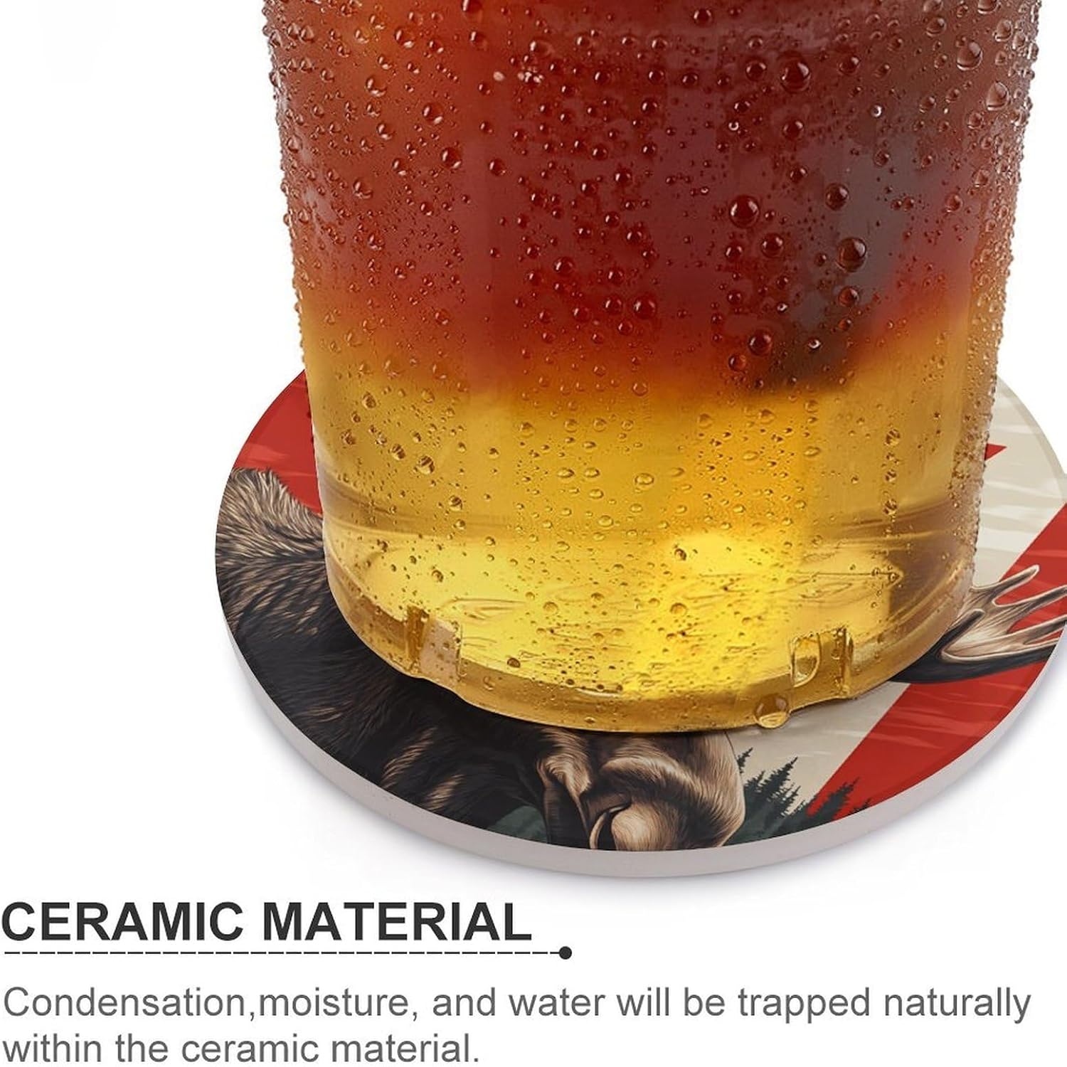 Moose Canada Flag Round Ceramic Coasters Print Drinks Absorbent with Cork Base for Home Decor Gifts 4 Inch