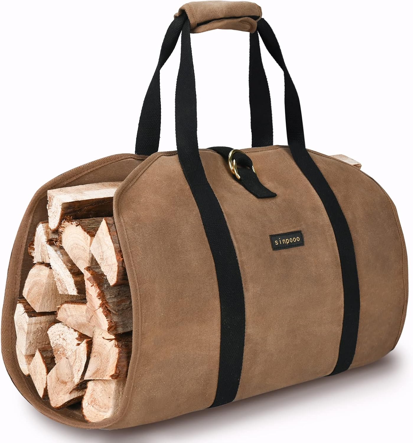 Firewood Carrier,Large Wood Carrying Bag with Handles Fireplace Log Carriers & Holders,Security Strap Camping Wear-Resistant & Dirt-Proof Waxed Canvas Indoor Stand Brown(Double Brass Rings)