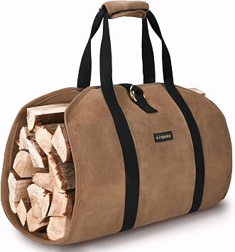 Firewood Carrier,Large Wood Carrying Bag with Handles Fireplace Log Carriers & Holders,Security Strap Camping Wear-Resistant & Dirt-Proof Waxed Canvas Indoor Stand BrownDouble Brass Rings