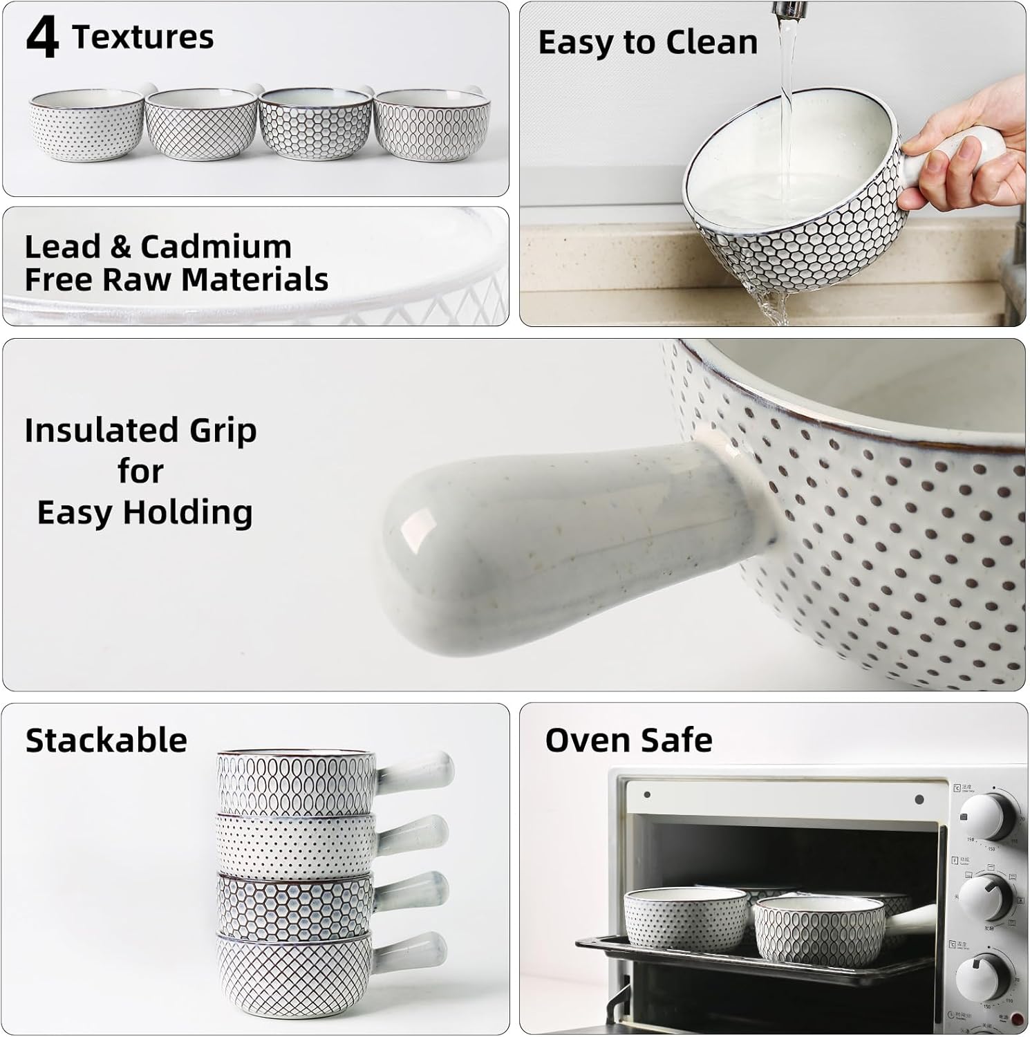 MONITO 28 Oz French Onion Soup Bowls With Handles, Stackable Ceramic Soup Crocks, Serving Bowls Set of 4, Oven/Microwave/Dishwasher Safe, for Chili, Beef Stew, Cereal, Pasta, White-blue