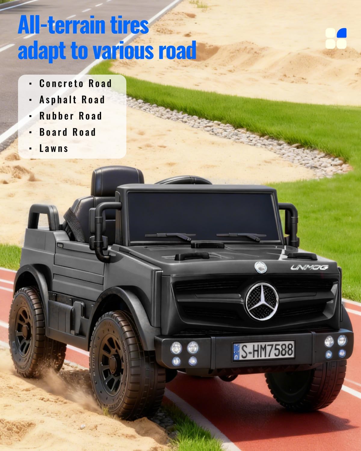 Tcaraiwen 12V Ride on Car for Kids, Licensed Mercedes-Benz Unimog w/Parent Remote Control, LED Headlights, Music Player & Horn for 3-4 Years Toddler,Black