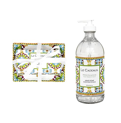 Le Cadeaux - Juego de jabón y platos para lavar a mano en botella de cristal decorativa con barra de jabón y plato, limón siciliano fresco