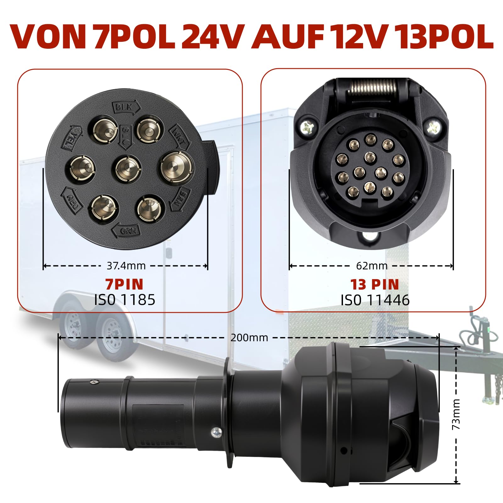 Spannungswandler 24V auf 12V – 7-polig auf 13-polig für LKW Anhänger, Adapter für Trailer, Spannungsreduzierer (7-polig auf 13)