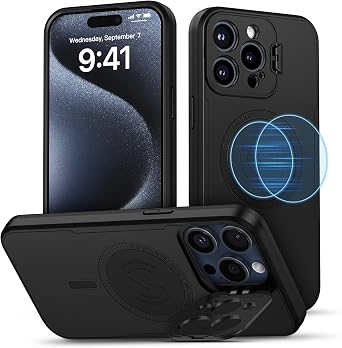 Magnetic Case for iPhone 15 Pro Max Case, Compatible with Mag-Safe Case with Camera Cover Stand Phone Case Heavy Duty Protector Military-Grade Kickstand Holder for iPhone 15 ProMax 6.7 inch, Black