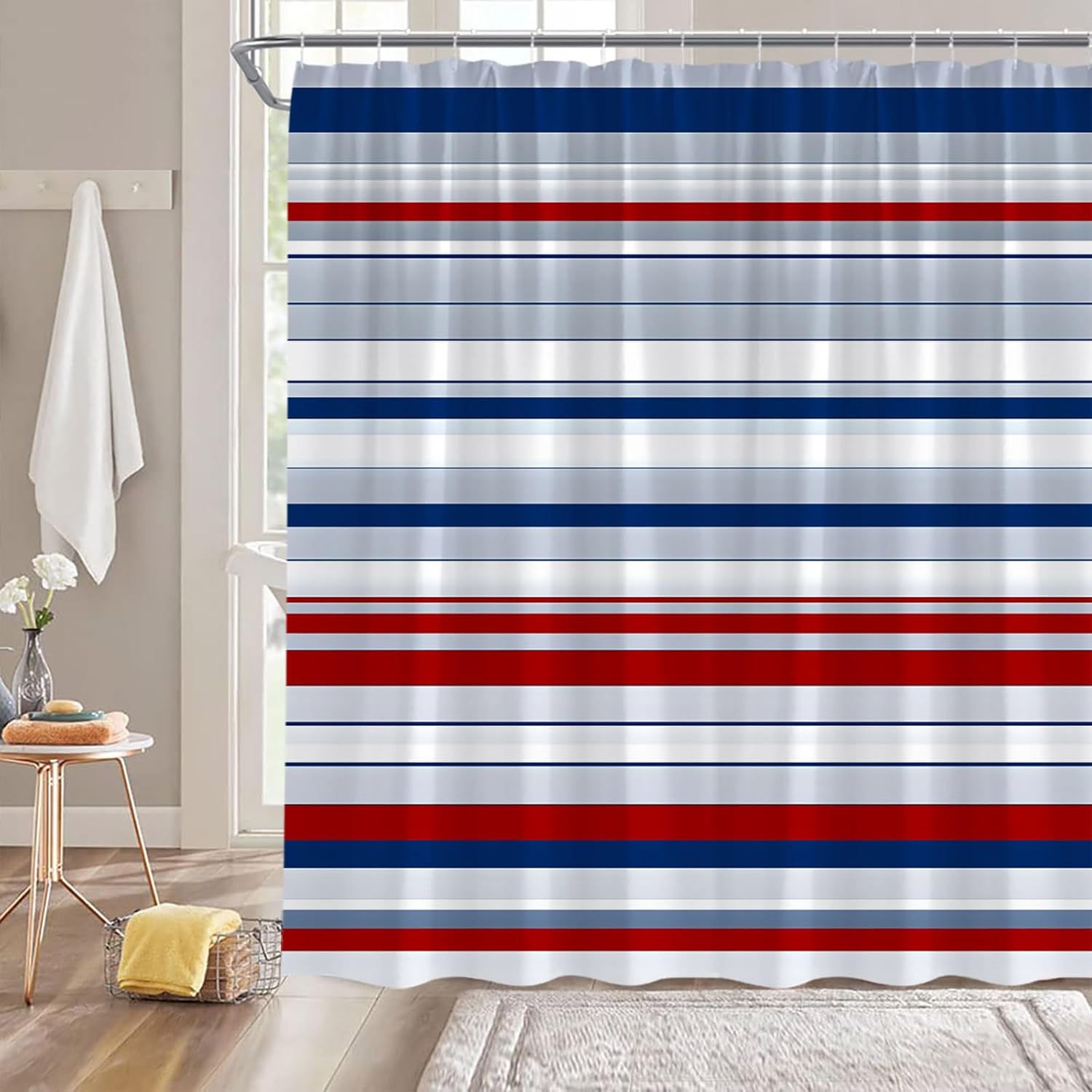 Red Navy Blue Gray White Extra Long Shower Curtain Striped Geometric Modern Fabic with Hooks for Bathroom Decor,70x84 Inch