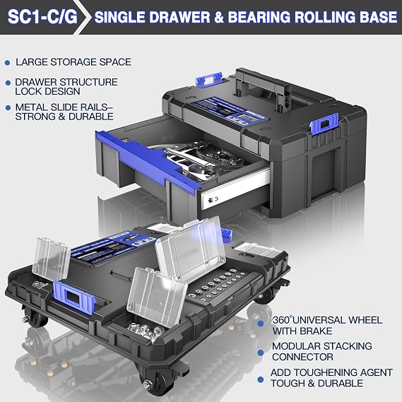 5 Tier Stackable Tool Box with Wheels,Rolling Tool Box with Drawers,Modular Tools Organizer,Portable Tool Box with Transparent Parts Box,Large Capacity Toolbox,for Garage Storage,Home and Repair Shop
