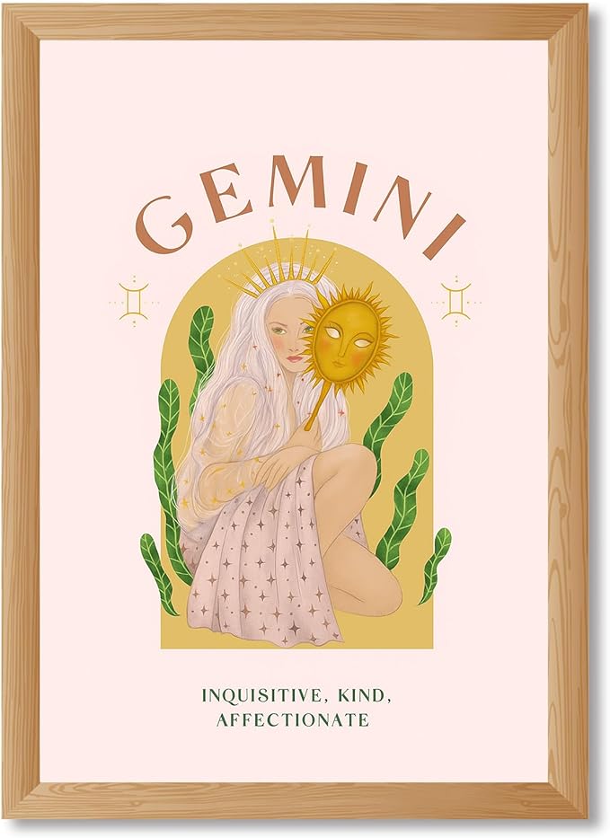 Framed Gemini Zodiac Sign Canvas Print Art Boho Wall Art Elegant Painting Pictures Trendy Wall Decor Home Decor Dorm Room Art Print Decoration (Wood Framed,12L x16W)