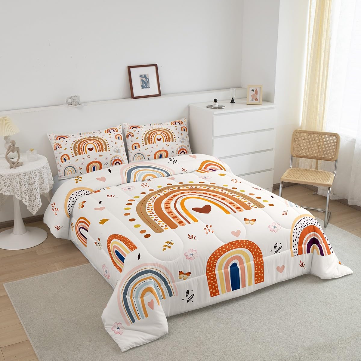 Feelyou Rainbow Comforter Set Twin Size with 1 Pillow Case Rainbow Decorations Comforter Boho Rainbow Quilted Duvet Set Butterfly Bedding Set for Boys Girls Kids Adults