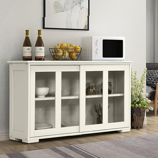 COSTWAY Wooden Storage Cabinet, Buffet Sideboard Server Table with Sliding Door and Adjustable Shelf, Console Cupboard Display Organiser Unit for Home Kitchen Living Room (Cream White, with glass)