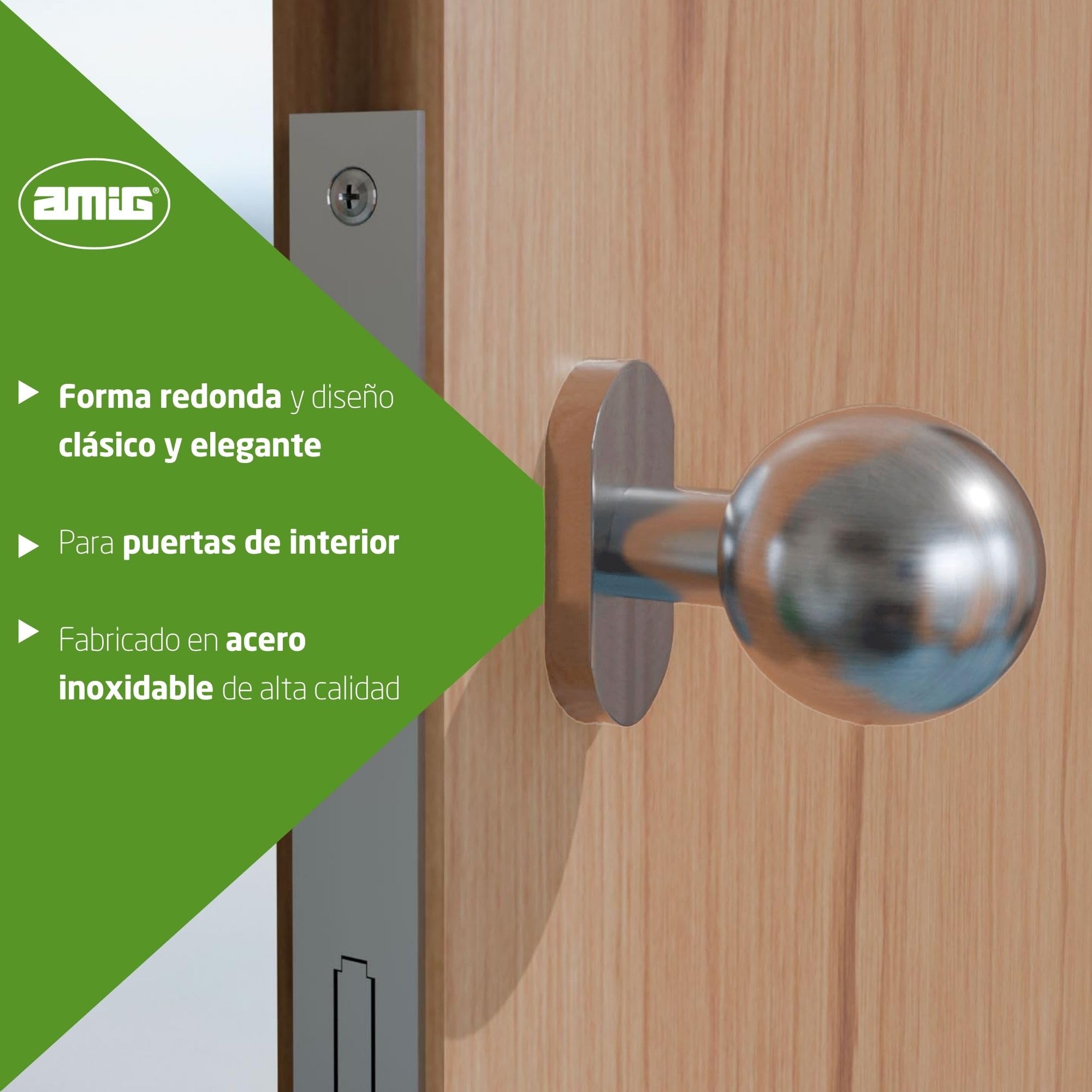 Amig - Juego de Pomos Giratorios para Puertas Mod. 11ALGR - ø50 x 78 mm - Con Embellecedor de Roseta - Agarre Ergonómico - Incluye Tornillos Antirrobo - Sin Muelle - Acero Inoxidable 18/8 Mate