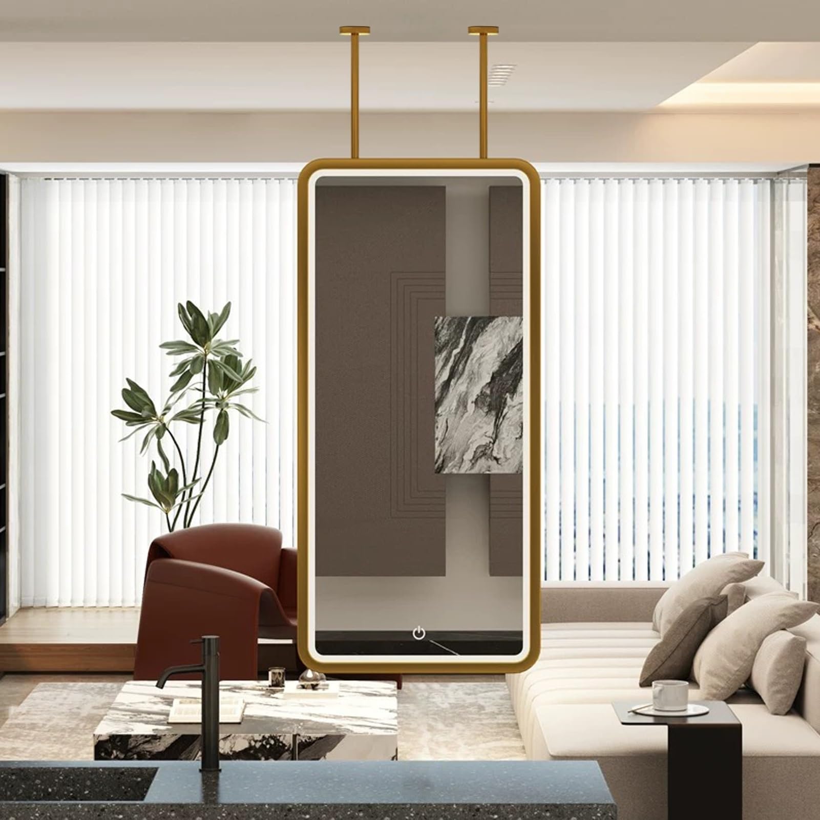 GLJTUO Ceiling Mounted Rectangle Mirror,Metal Hanging Rod Lighted Mirrors LED Bathroom Vanity Make-up Mirror with 3 Colours,Decorative Wall for Bedroom Living Room,size_name-50L x 70W cm