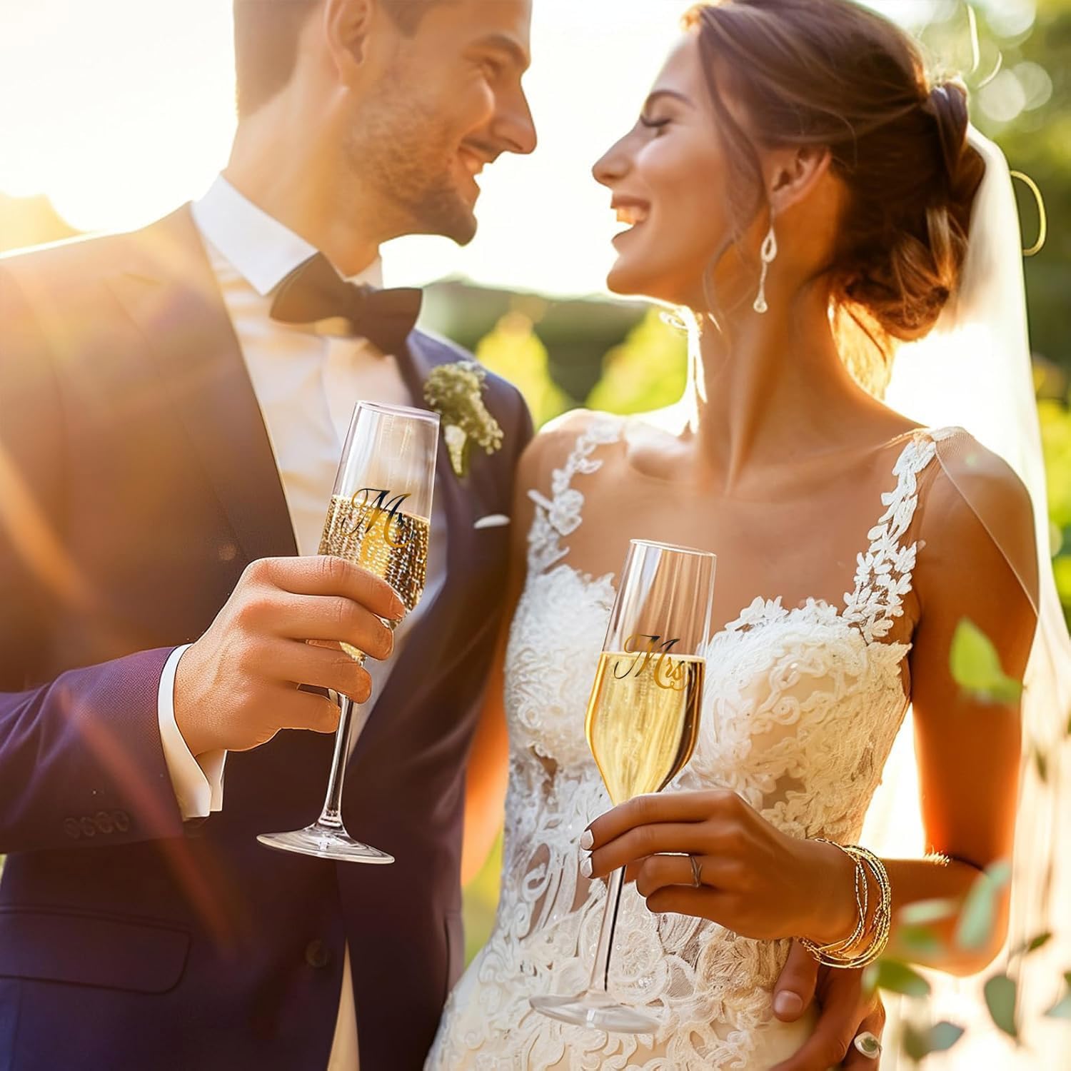 Mfacoy Mr. & Mrs. Champagne Flute Set, Wedding Decor - His and Hers, Wedding Toasting Glasses for Engagement Celebrations, Bridal Shower and Registry Idea, Tall Wine Glasses for Bride and Groom Gifts - Image 7