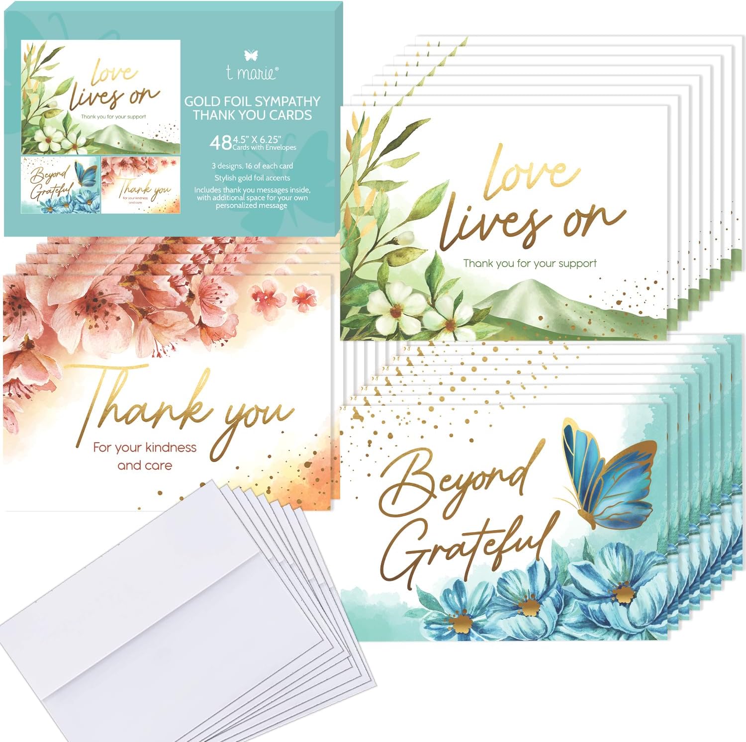 T MARIE 48 Gold Foil Funeral Thank You Cards With Message Inside 4.5