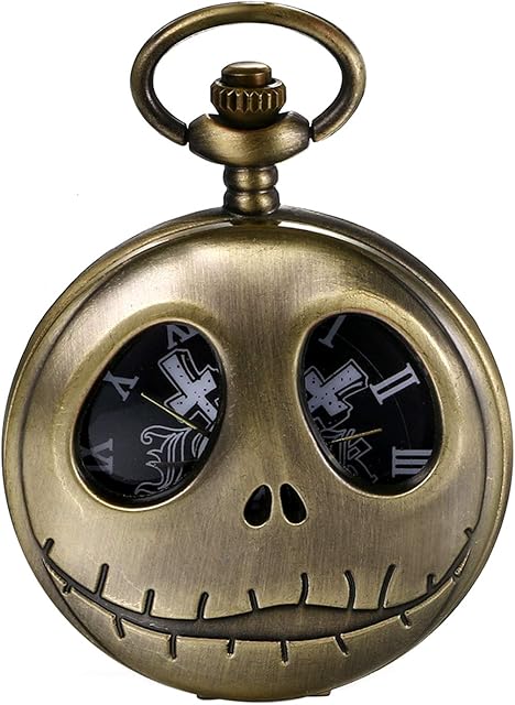 Nightmare Christmas Pocket Watch, JewelryWe Vintage Novelty Skull Skeleton Quartz Pocket Watch Necklace for Xmas