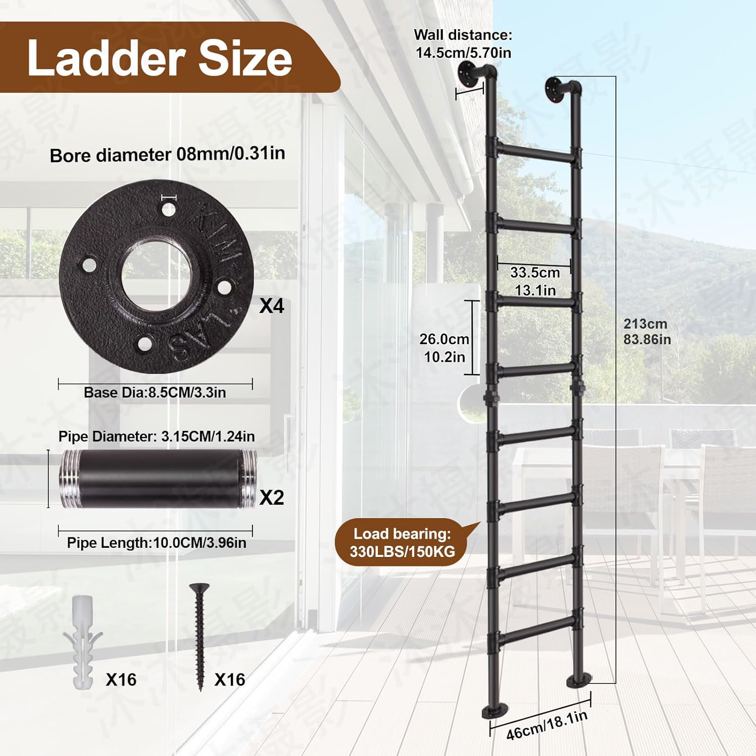 7FT/213cm Metal Loft Ladder, 7-Step Wall Floor Mounted Step Ladder for Egress Window Well, 330lbs Heavy-Duty Load Capacity, Indoor Outdoor Use for Home, Basement, High Entrance Loft Bed, Attic