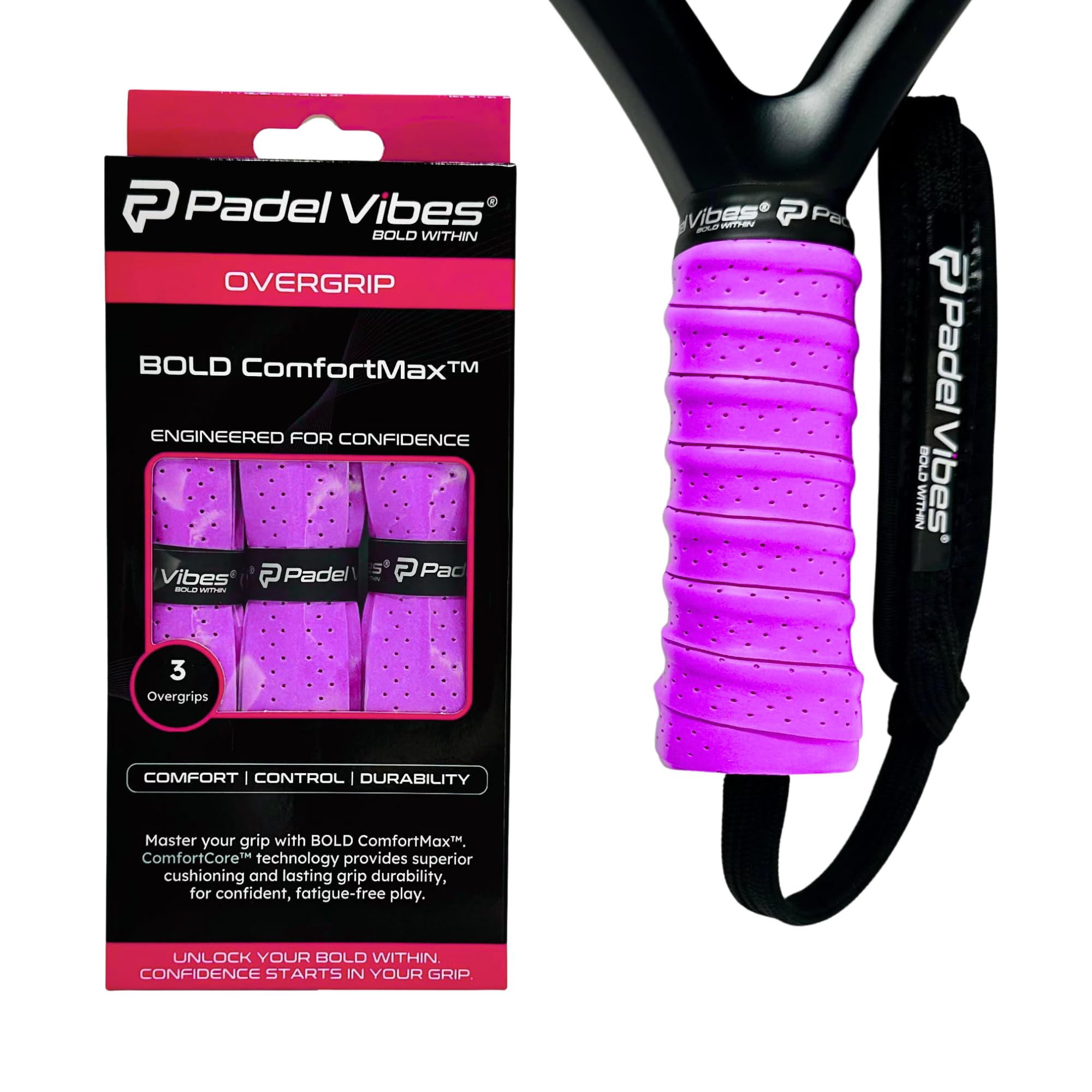 Padel Vibes® BOLD ComfortMax™ Overgrip | Perforated, Ergonomic Overgrips for Padel, Tennis, Badminton, Squash, Racketball | Sweat-Absorbing, Anti-Slip, Durable (Lavender | 3-Pack)