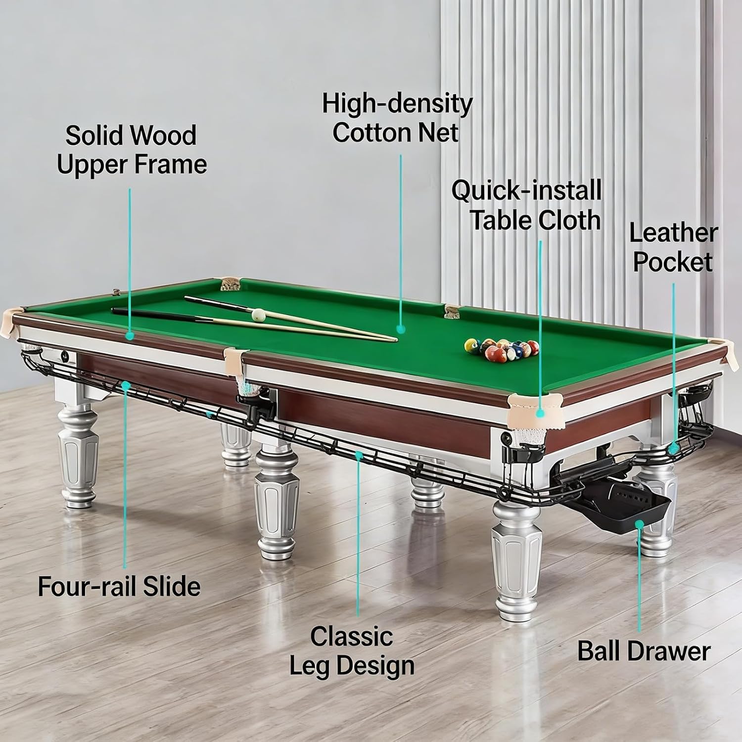 Billiard Pool Table, Professional Game Table for Home Game Room, Sturdy Construction with Complete Accessories Set