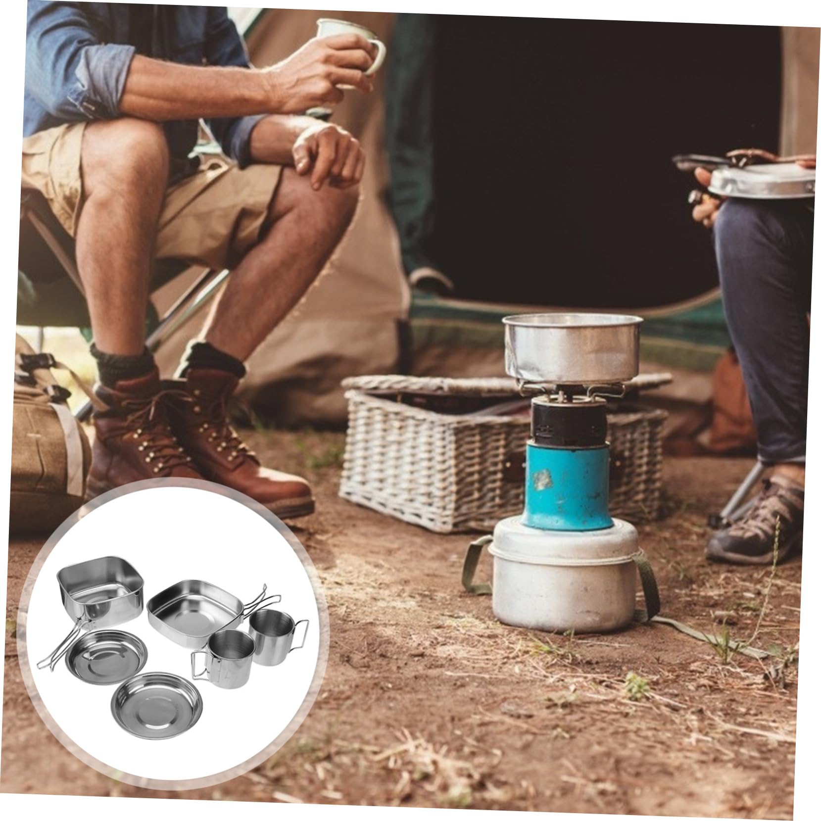 Batterie Cuisine En Acier Inoxydable Multifonction 6 Pièces Pour Camping 3-4 Personnes Poêle Et Casserole Pliables Poignet Isolation Thermique Ensemble Barbecue Randonnée Camping