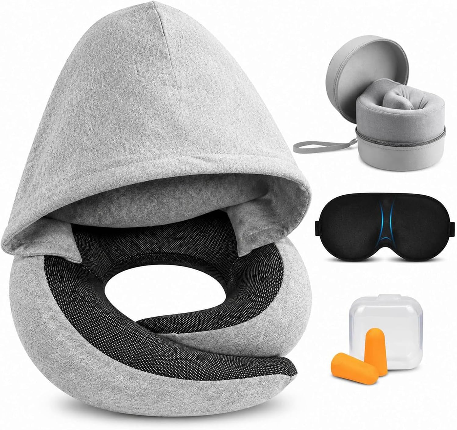 Travel Pillow with Hood - Memory Foam Neck Pillow for Airplane | Soft Travel Neck Pillow, 360°Head Support for Long Flight, Car, Office, Set with Eye Mask, Earplugs, Storage Case, Light Gray