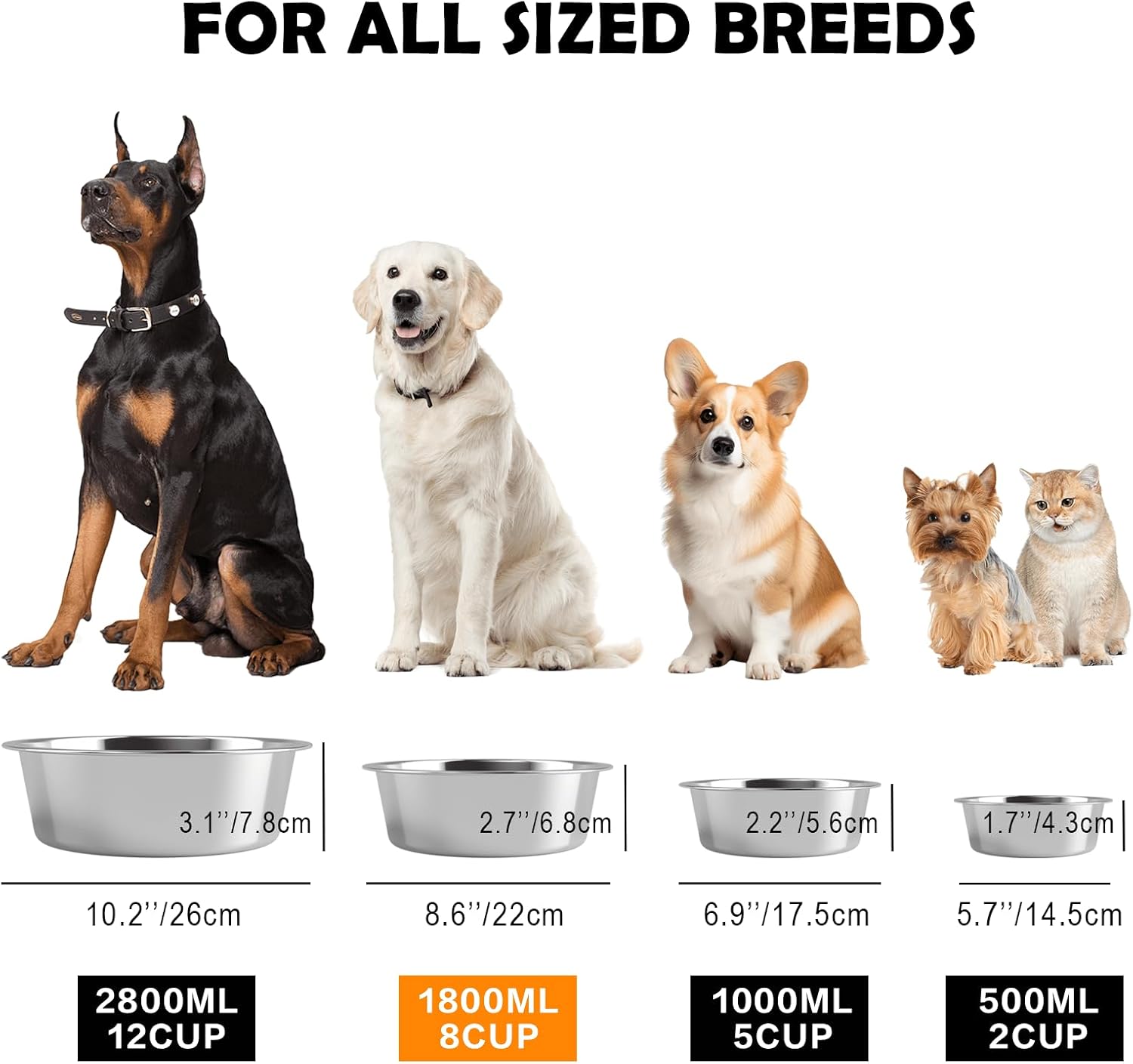 Dog Bowls, 2 Stainless Steel Dog Bowl with Mat, Dog Bowls with Nonslip EVA Rubber Bottom Ring, Food & Water Bowl for Dogs, Cats, A Variety of Sizes are Available, Dishwasher Safe