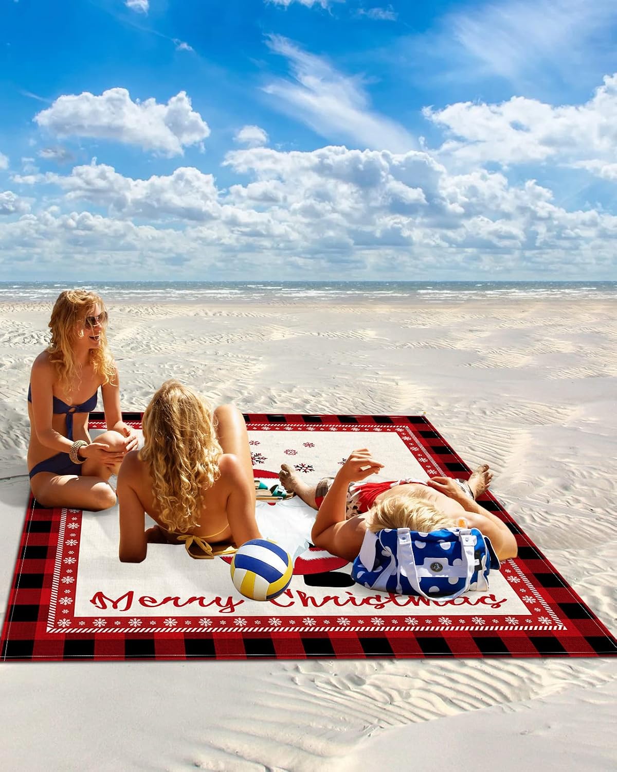 Merry Christmas Gnome Beach Blanket Waterproof Sandproof Outdoor Picnic Mat 118"x108" Winter Retro Snowflake Buffalo Lattice Lightweight Large Beaach Blankets with 4 Stake & 4 Corner Pockets