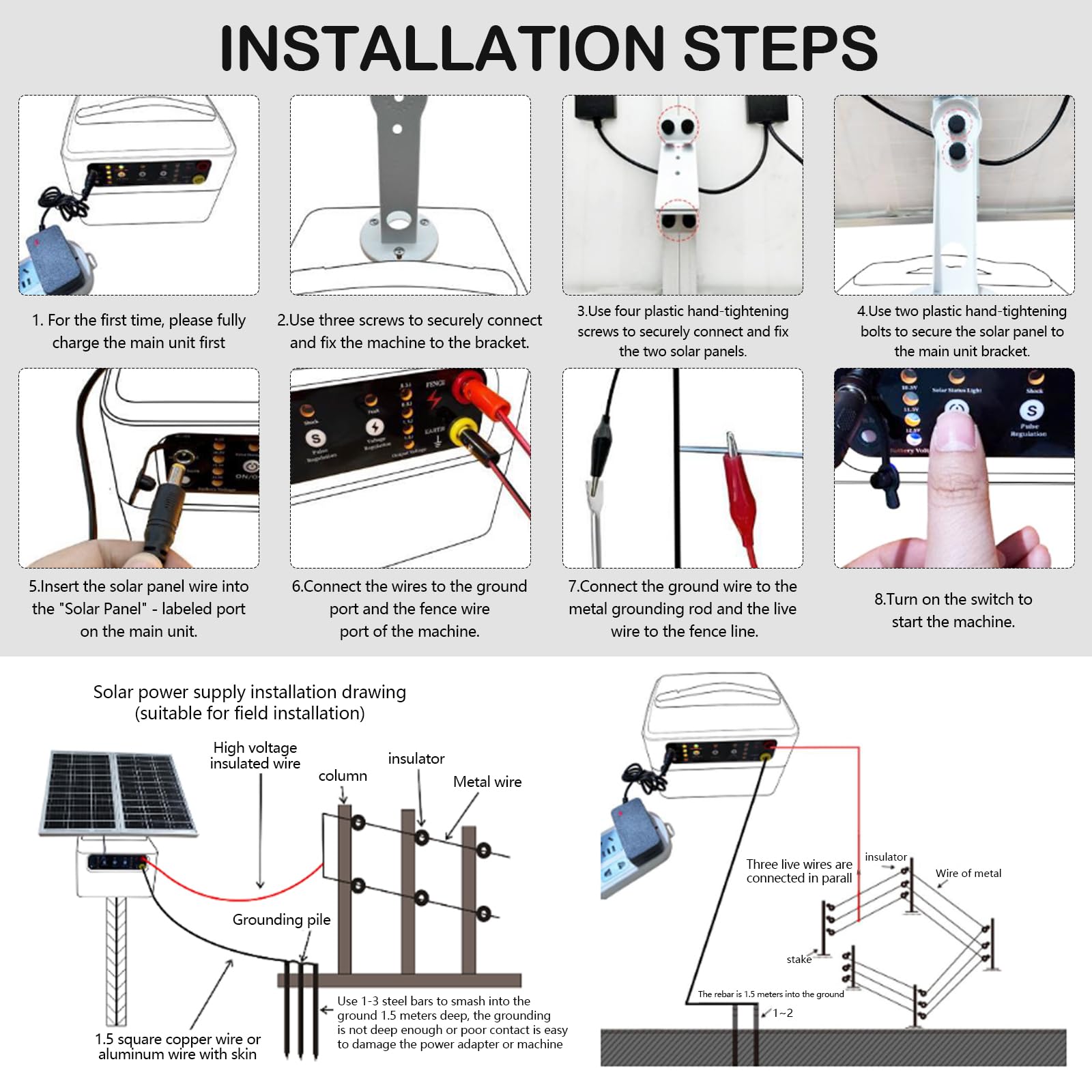 Cercas Eléctricas, Solar Para Cercas Eléctricas 12V 6Kv–8Kv 0,3J–1,5J Con Selección Manual Para Cercas Avícolas Energizador Para Cercas Eléctricas 48Km Panel Solar 15W Batería Plomo-ácido 12V 7000Mah