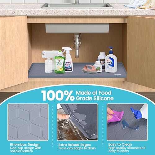 Miniatura 3 de Tapete para debajo del fregadero, 34 x 22 pulgadas, tapetes de silicona extra gruesos para cocina, impermeable, organizadores y almacenamiento