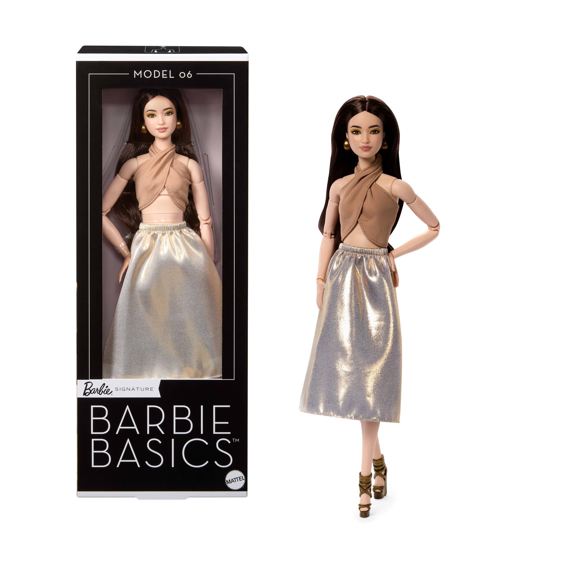 Barbie Basics Model 06 Sammler-Modepuppe mit brünetten Haaren, goldenem Midi-Rock und Neckholder-Top, Universal-Fit-Mode und Made-to-Move Körper – ideales Muttertagsgeschenk, JJX25