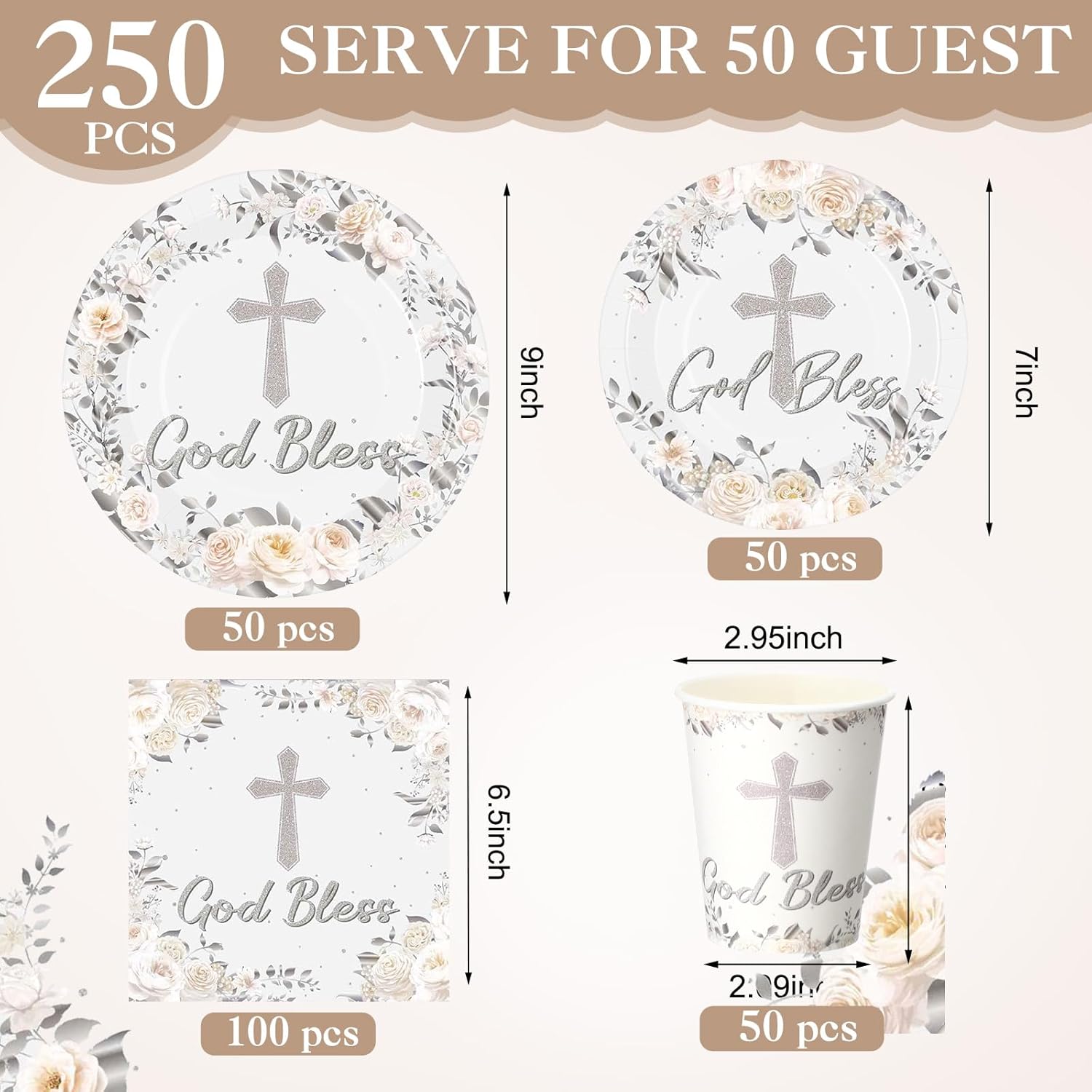 Pickmesh 250 Pcs Silver God Bless Baptism Tableware Set First Holy Communion Baptism Disposable Cross Floral Paper Plates Napkins and Cups for Christening Celebration Baby Shower Religious Supplies