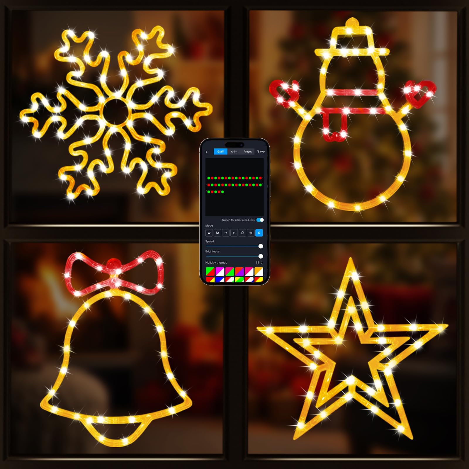 Photo 1 of 4pack-Christmas Window Silhouette Lights Decorations with APP & Remote Bells, Snowflakes, Snowmen, Stars, Christmas Window Lights with 16 Million Colors for Holiday Indoor Wall Door Glass Decorations