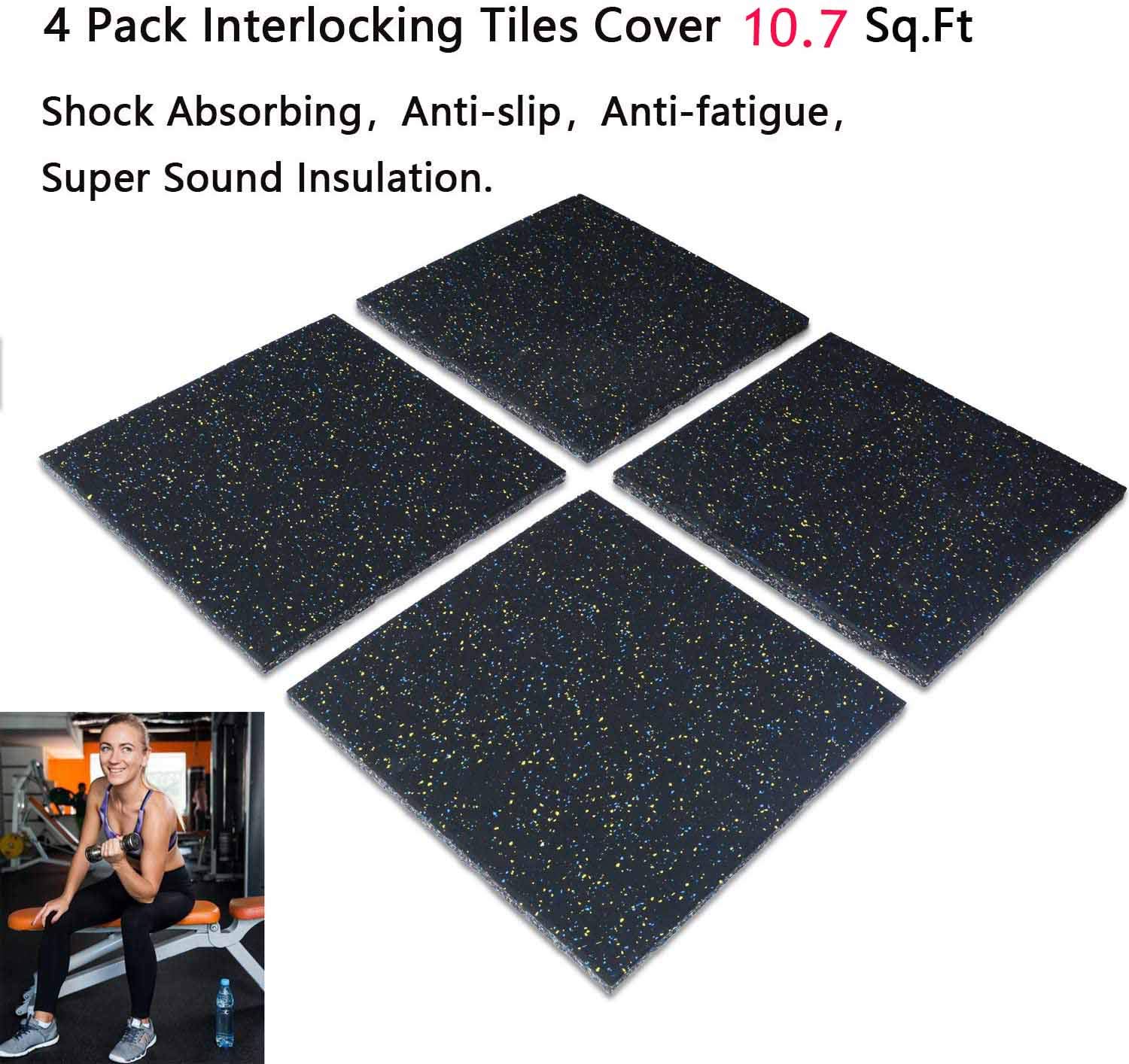 tonchean Eco-Sport Interlocking Tiles, Heavy Duty 25 mm Thick Rubber Exercise Equipment Mats, 20"x20" Protective Strength Training Rubber Flooring Mats for Home Gym, 4Pcs