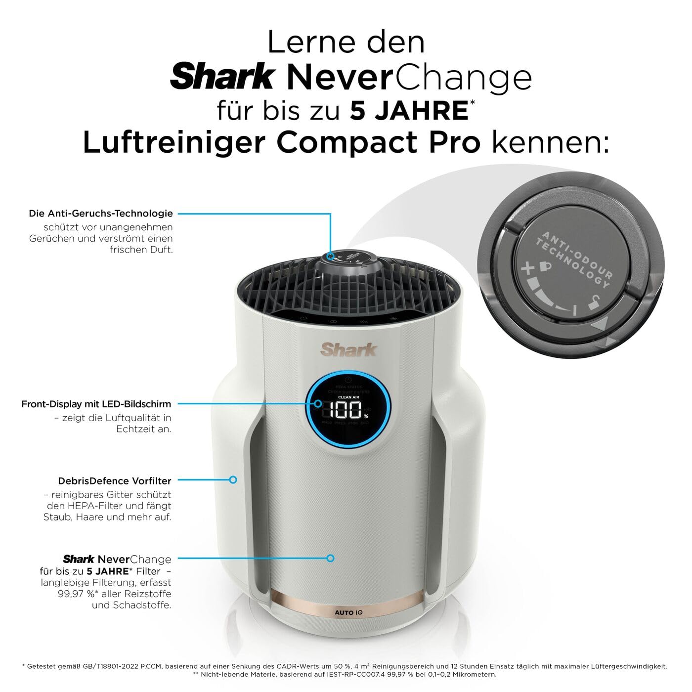 Shark NeverChange Luftreiniger für Allergiker, 23 m² Raumabdeckung, bis zu 5 Jahre, kompakter Luftfilter, HEPA-Filter, fängt 99,97% der Allergene wie Staub ein, leise, LED-Display, Dove HP072EU