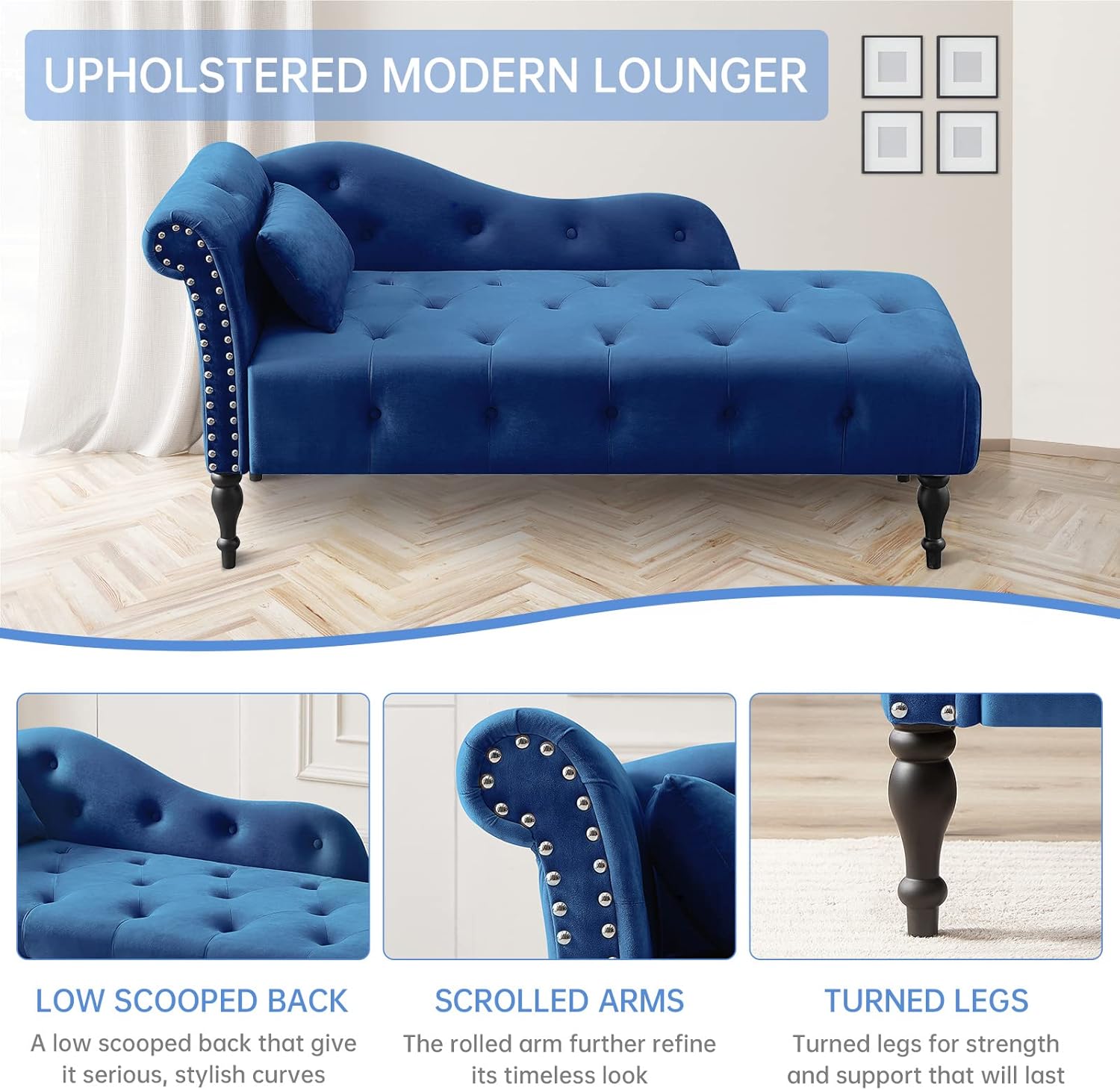 Velvet Chaise Lounge Indoor Chair with Pillow, Button Tufted Right Arm Facing Lounge Chair Bed with Nailhead Trim and Turned Legs, Modern Sleeper Sofa Couch for Living Room Bedroom Office (Blue)