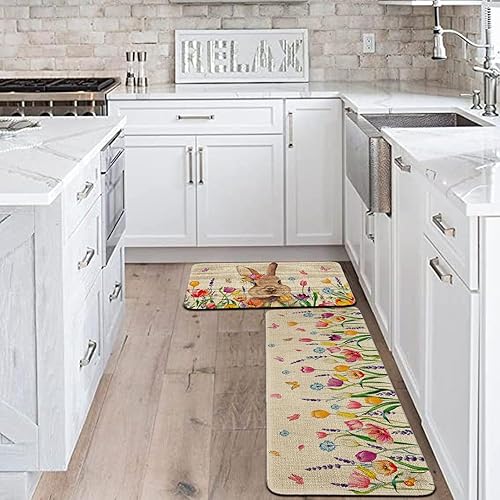 Miniatura 5 de Juego de 2 tapetes y tapetes de cocina de Pascua, diseño de conejito floral de acuarela, decoración de cocina de primavera, tapete antideslizante y
